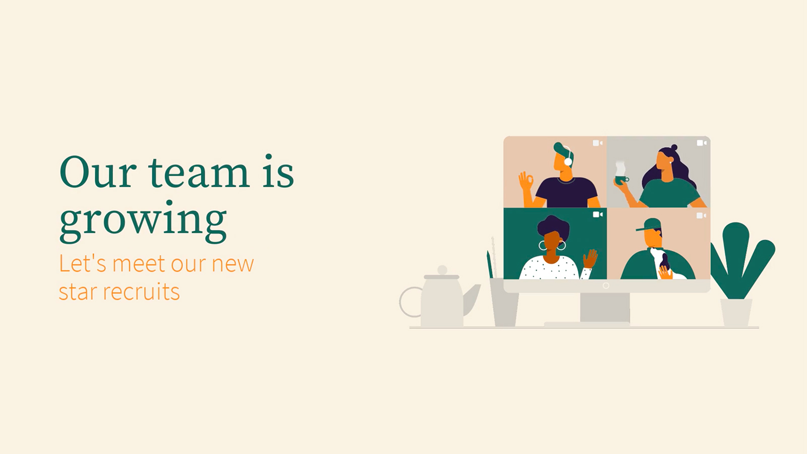 Illustration of a Biteable video maker screen displaying four diverse team members with the text "our team is growing, let's meet our new star recruits.