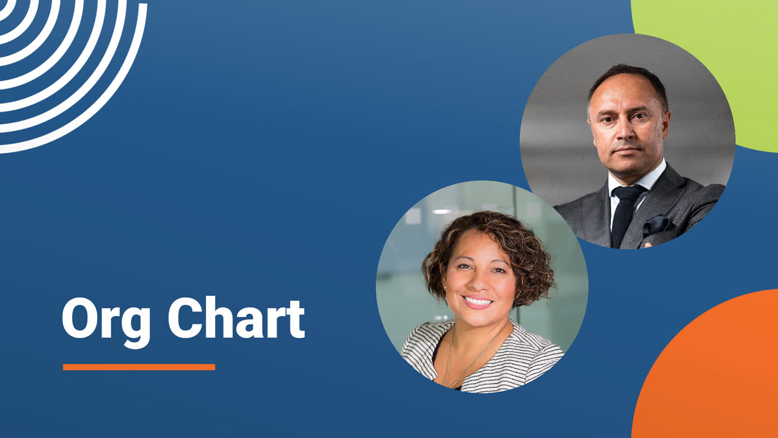 A graphic of an organizational chart featuring portraits of a man and a woman with the title "org chart", created using Biteable video maker.