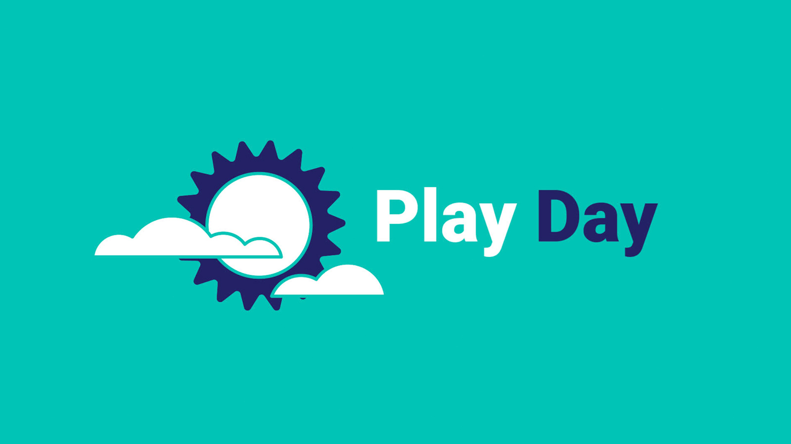 Turquoise background with a sun and cloud graphic, featuring the text "play day.