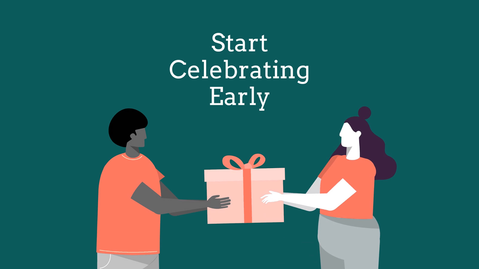 Two people exchanging a gift with the phrase "start celebrating early with Biteable video maker" above them.