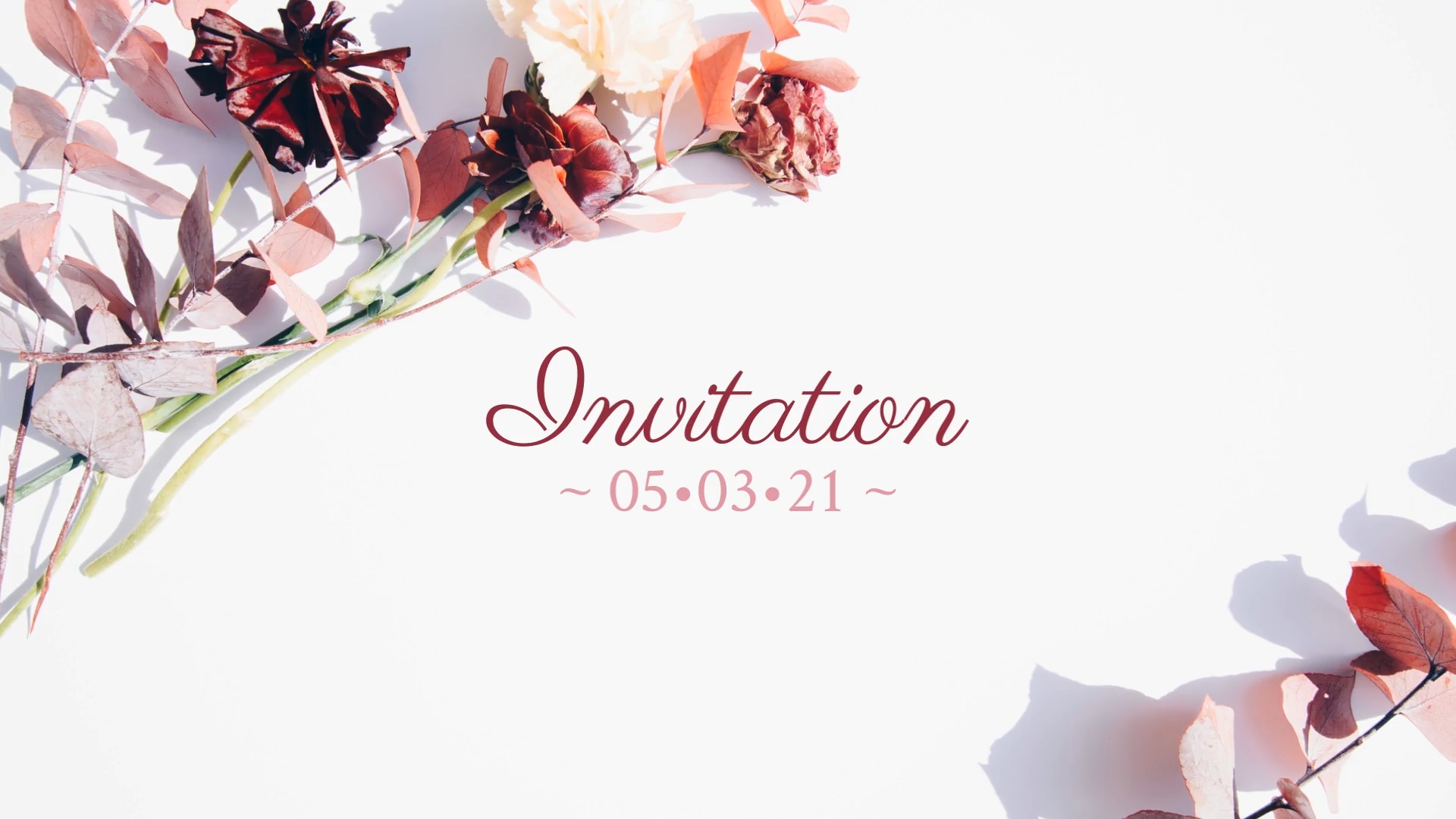 Elegant Biteable video invitation with floral arrangement on a white background and a date notation.