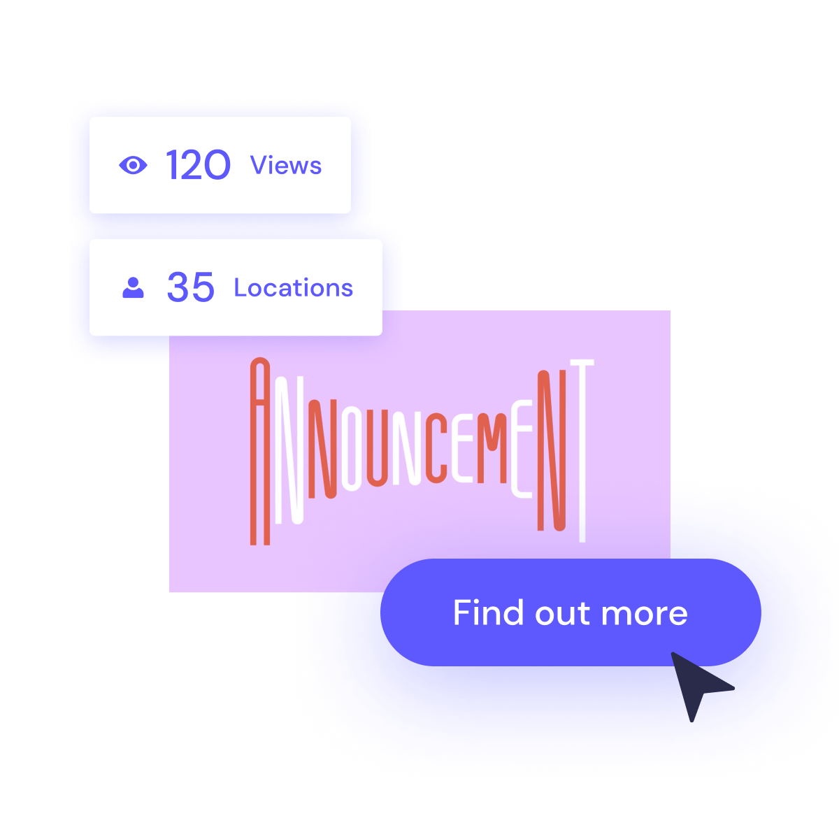 Digital announcement graphic with view and location metrics, and a "find out more" call-to-action button.