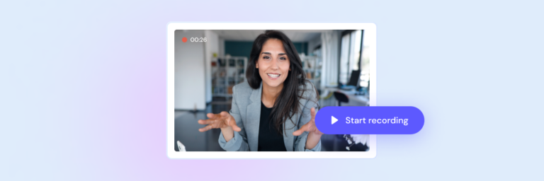 Woman gesturing while recording a video on a computer screen.