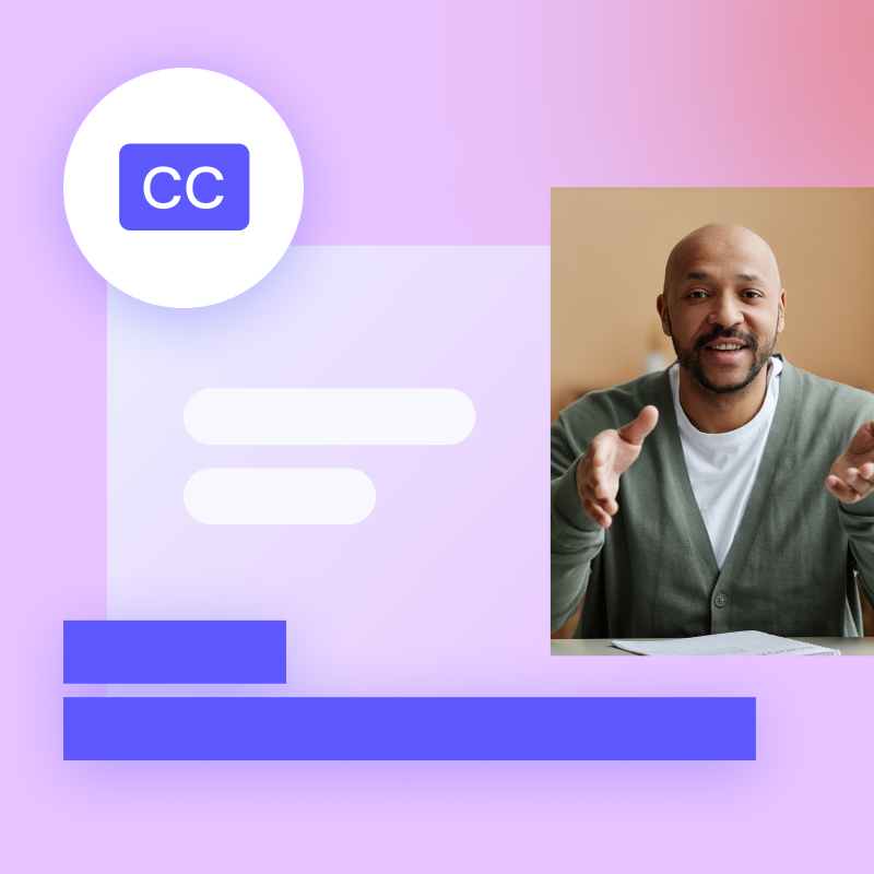 Bald man in a gray cardigan smiling and gesturing, with a graphic overlay featuring a "CC" icon and abstract design elements on a purple background.