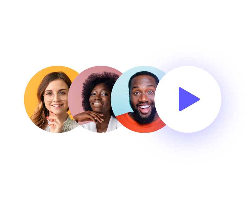 Three smiling individuals with a play button icon, possibly representing a video testimonial or introduction.