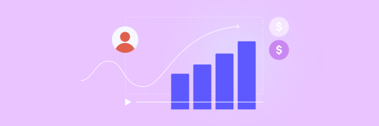 An illustration of a growth trend in a business context, depicting a rising bar graph, a user icon, and currency symbols, suggesting user growth and financial success.