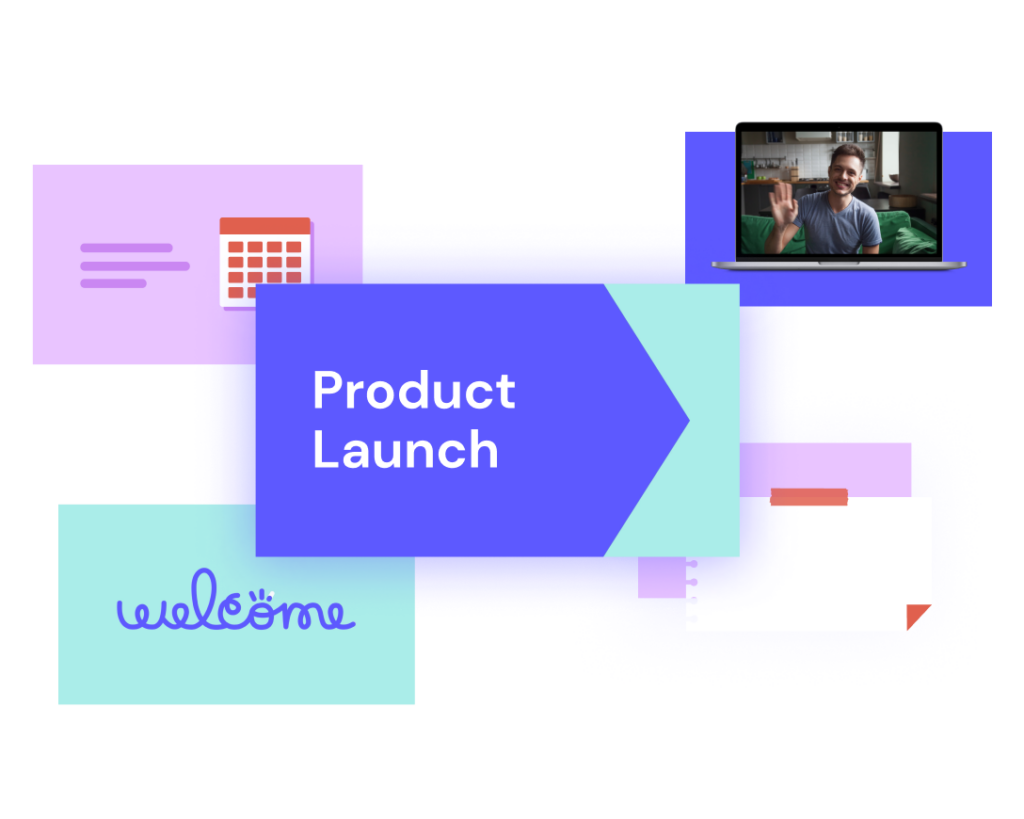 Graphic illustrating a product launch with various elements like a calendar, notes, and a man on a video call, accompanied by the text "Product Launch".