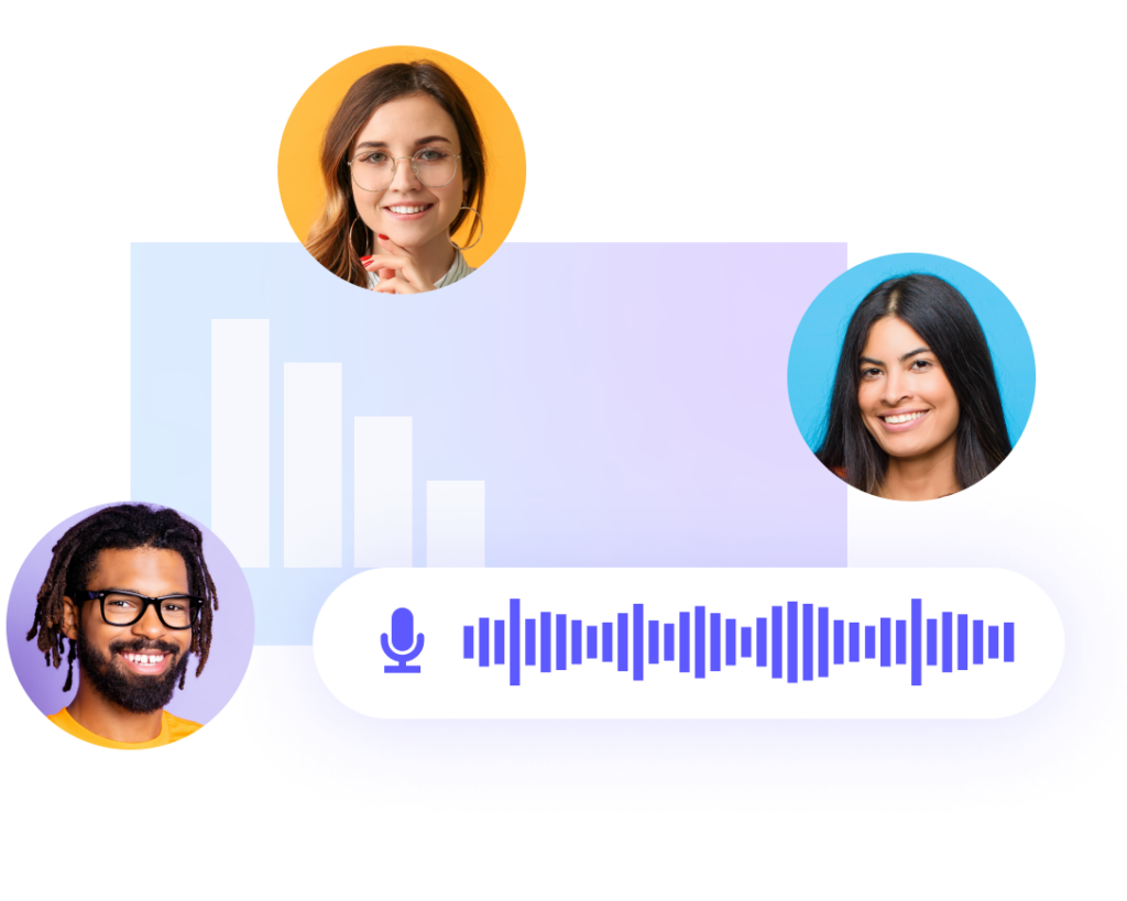 Graphic of three diverse professionals with digital elements like charts and a voice command interface, representing contemporary business technology.