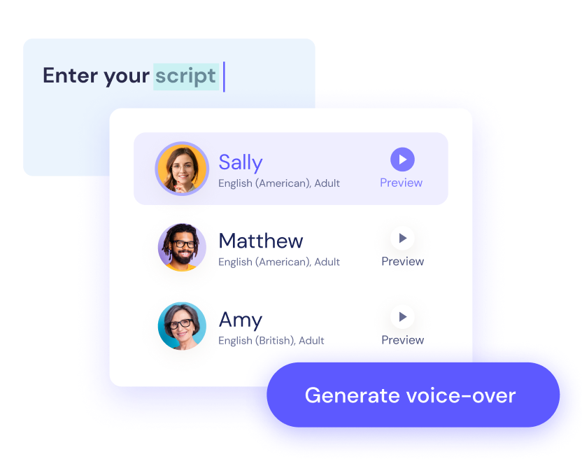 Graphic showing a "Generate voice-over" interface with three voice samples; Sally, Matthew, and Amy, each displayed alongside a headshot.