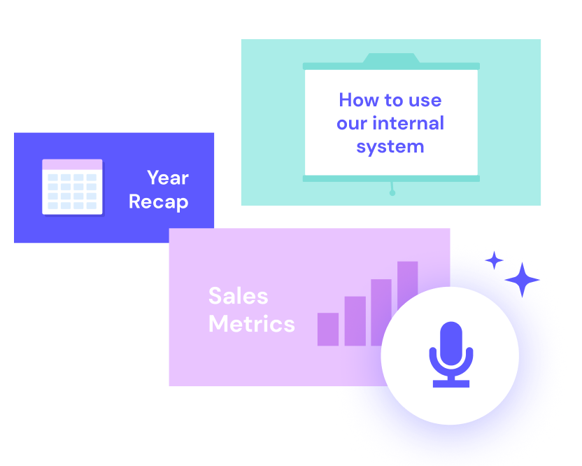 Illustration featuring various elements: a calendar labeled "Yearly Recap," a presentation board titled "How to use our internal system," a chart captioned "Sales Metrics," and a microphone icon.