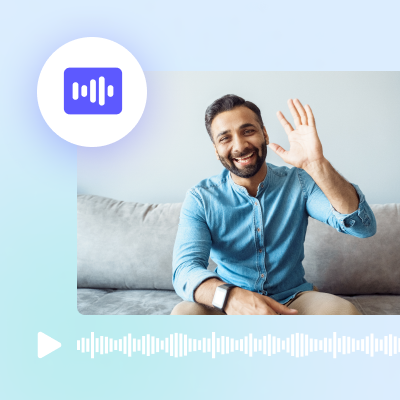 A smiling man waving hello, sitting casually on a sofa, with a Biteable video maker interface in the foreground.